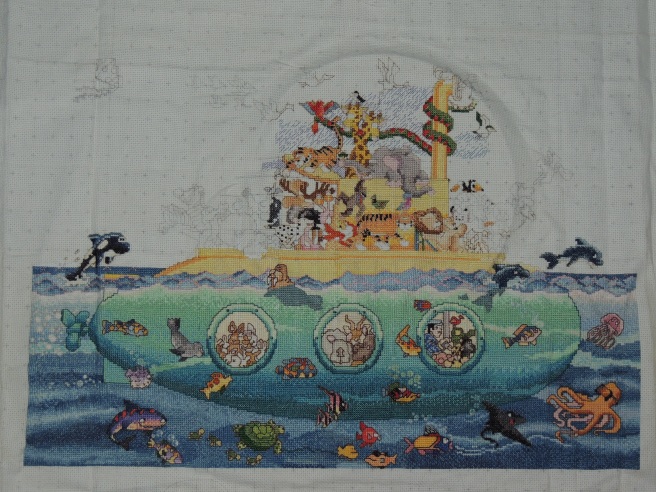 Noah's Submarine (Cross Stitch) the animals on side of sub and birds have been done since this pic was taken.